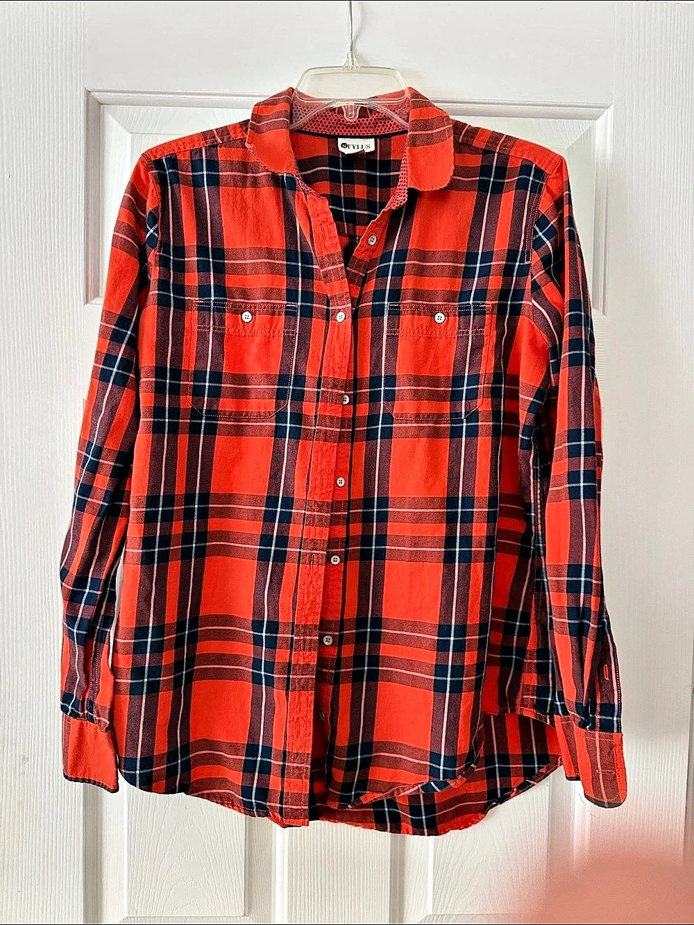 Women’s Stylus Plaid Cotton Button Down in Vibrant Orange & Blue Large